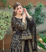 Stylish 4 Pcs Women's Stitched Silk Embroidered Lehnga Choli set in Black