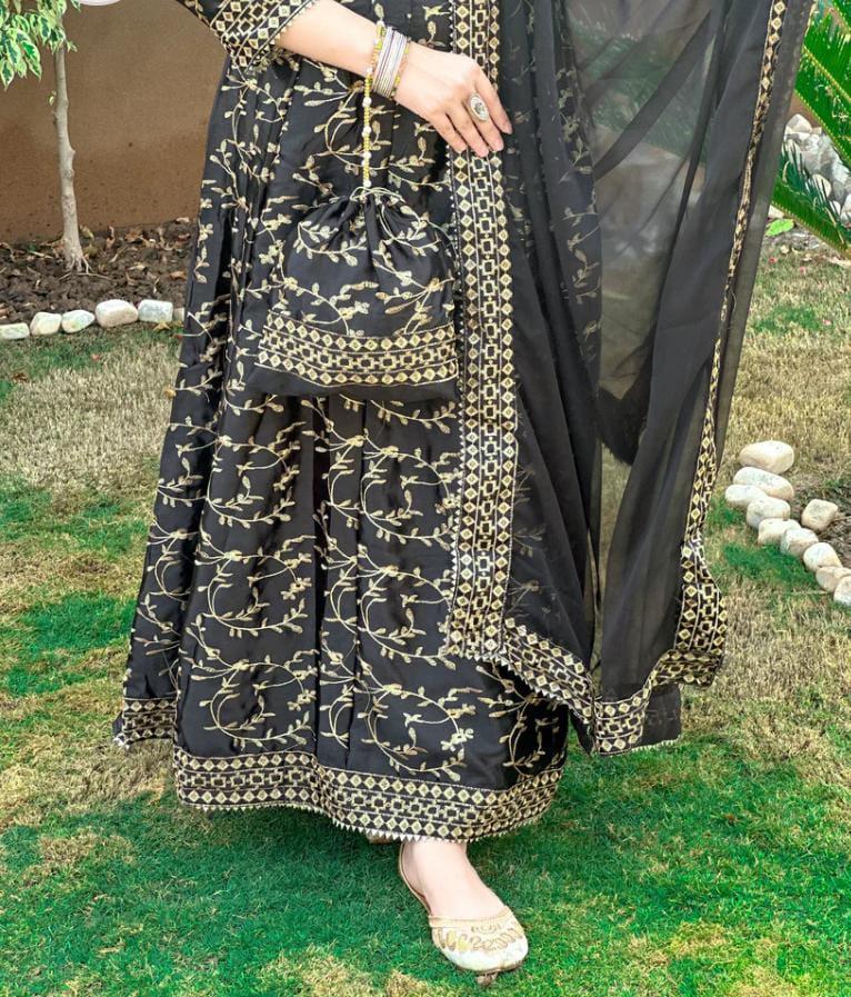 Stylish 4 Pcs Women's Stitched Silk Embroidered Lehnga Choli set in Black