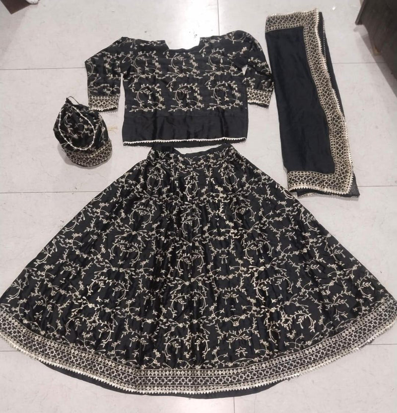Stylish 4 Pcs Women's Stitched Silk Embroidered Lehnga Choli set in Black
