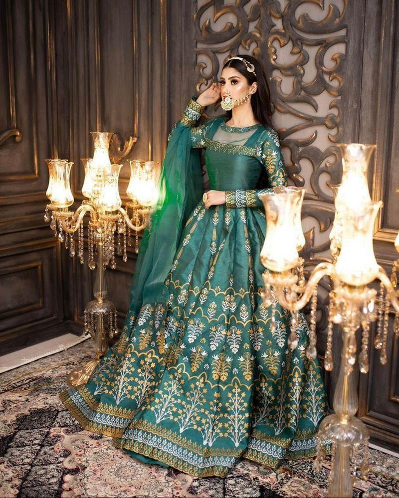 3 Pcs Women's Stitched Silk Embroidered Maxi Suit