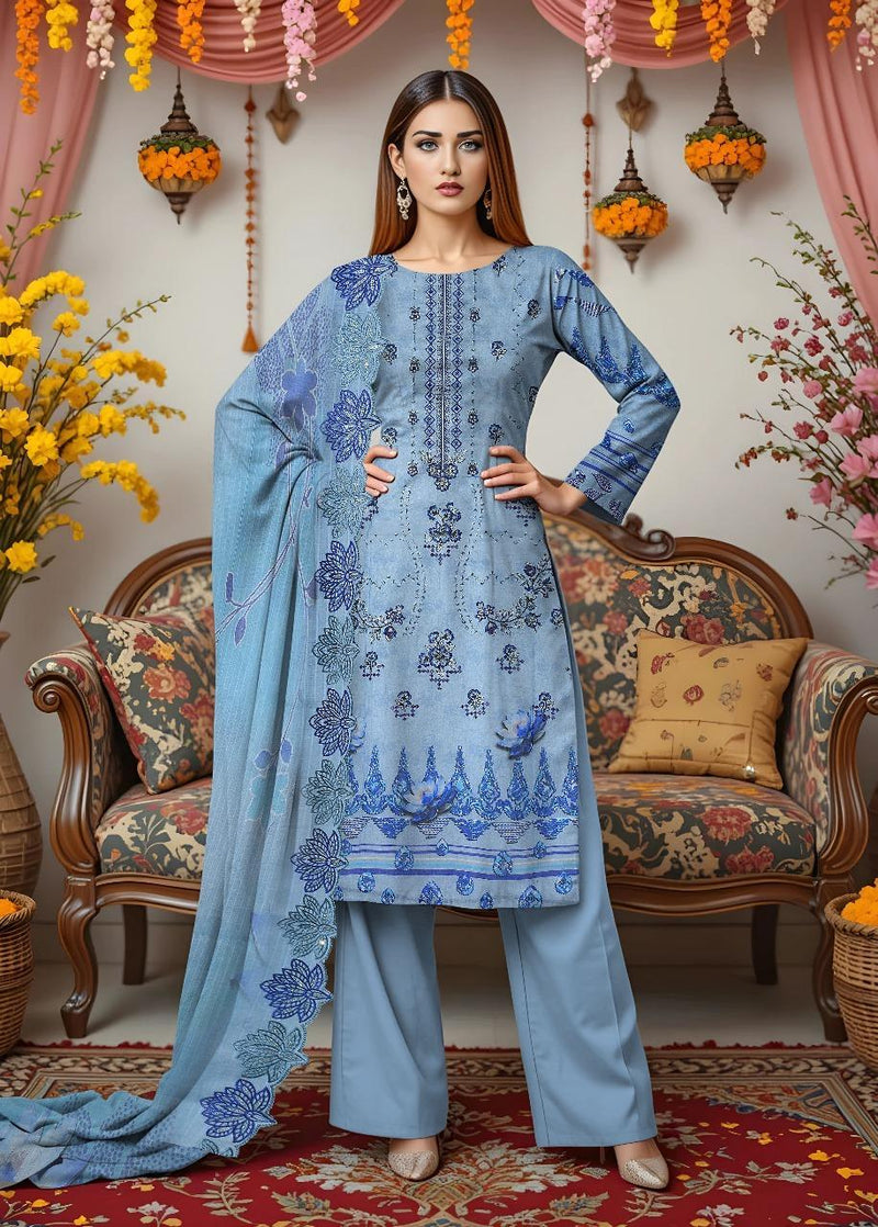 Lawn 3 Pcs Women's Unstitched Printed Embroidered Suites