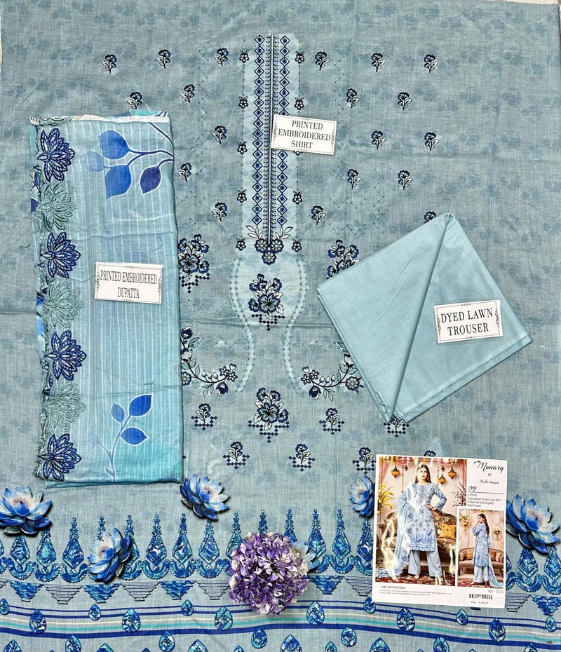 Lawn 3 Pcs Women's Unstitched Printed Embroidered Suites