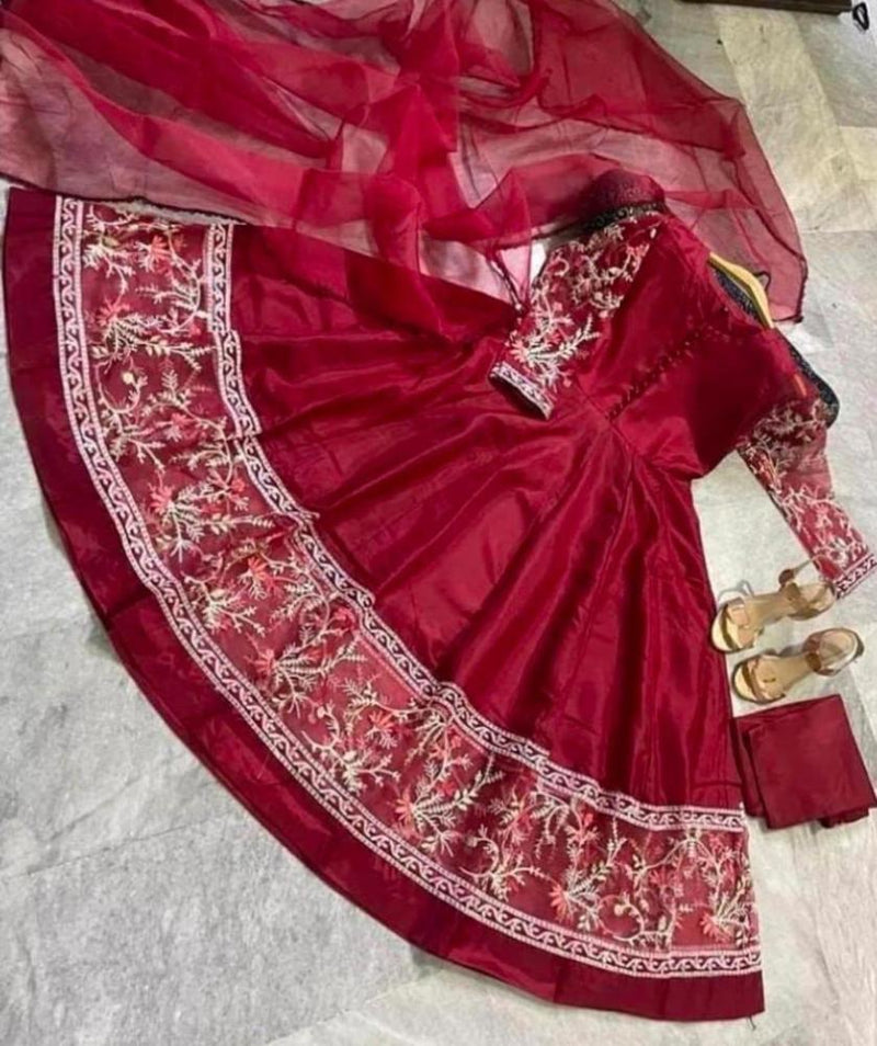 3 Pcs Women's  Stitched Katan Silk Embroidered Maxi