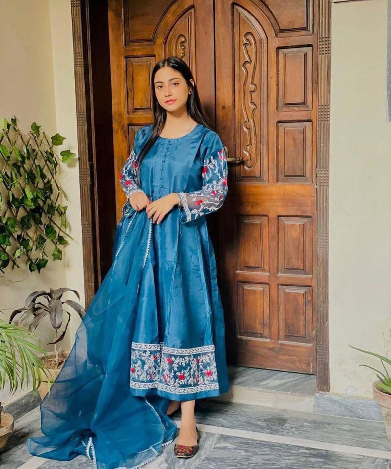 3 Pcs Women's  Stitched Katan Silk Embroidered Maxi