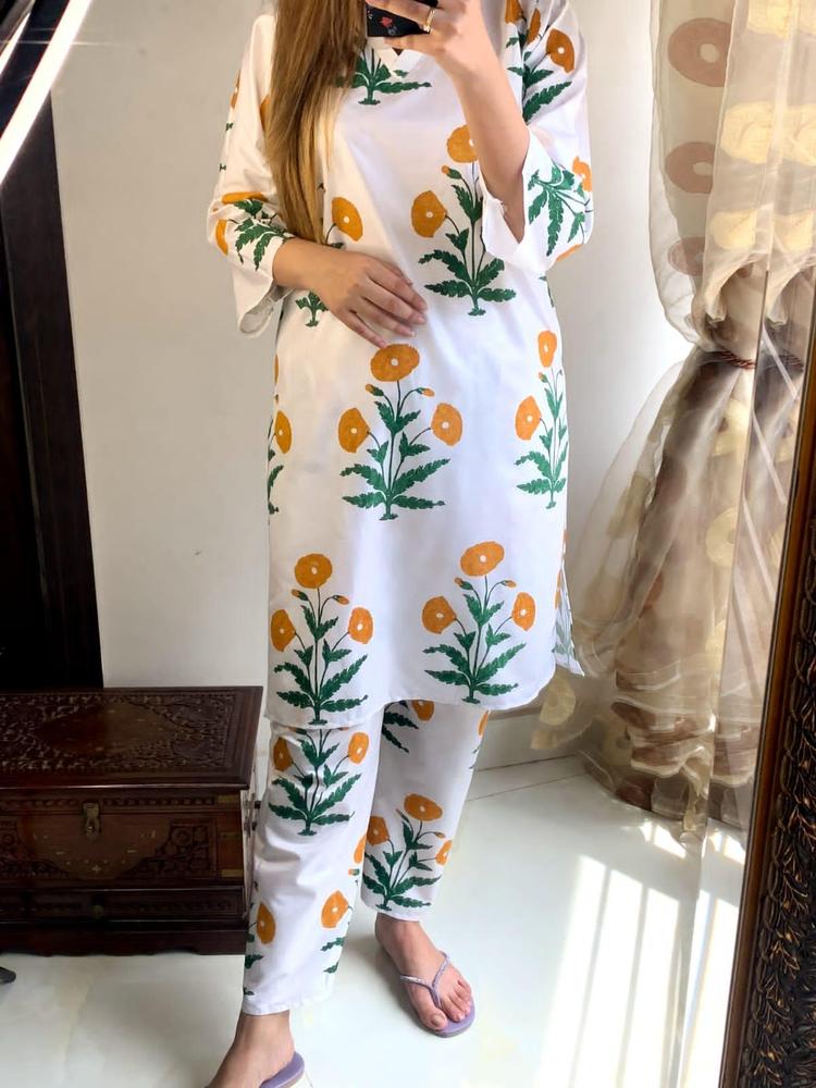 2 Pcs Women's Stitched Linen Block Printed Shirt And Trouser