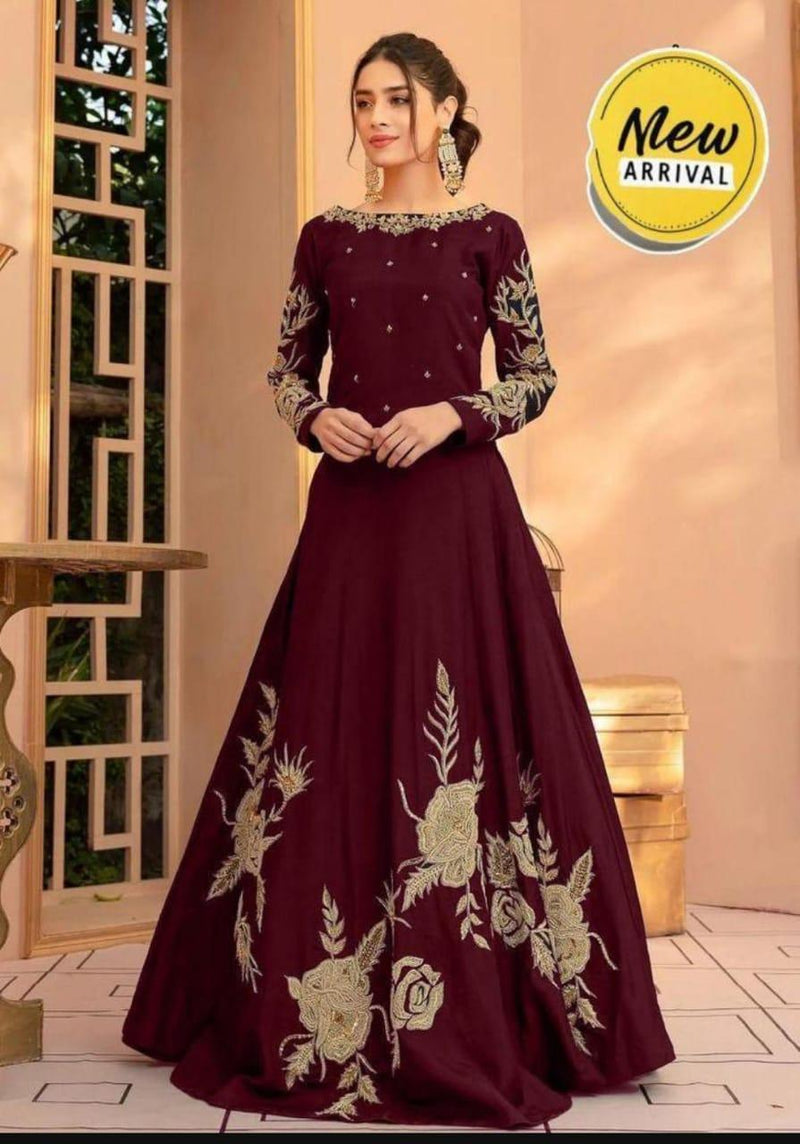 Embroidered Maroon Maxi Dress - Women's Stitched - 1 pcs